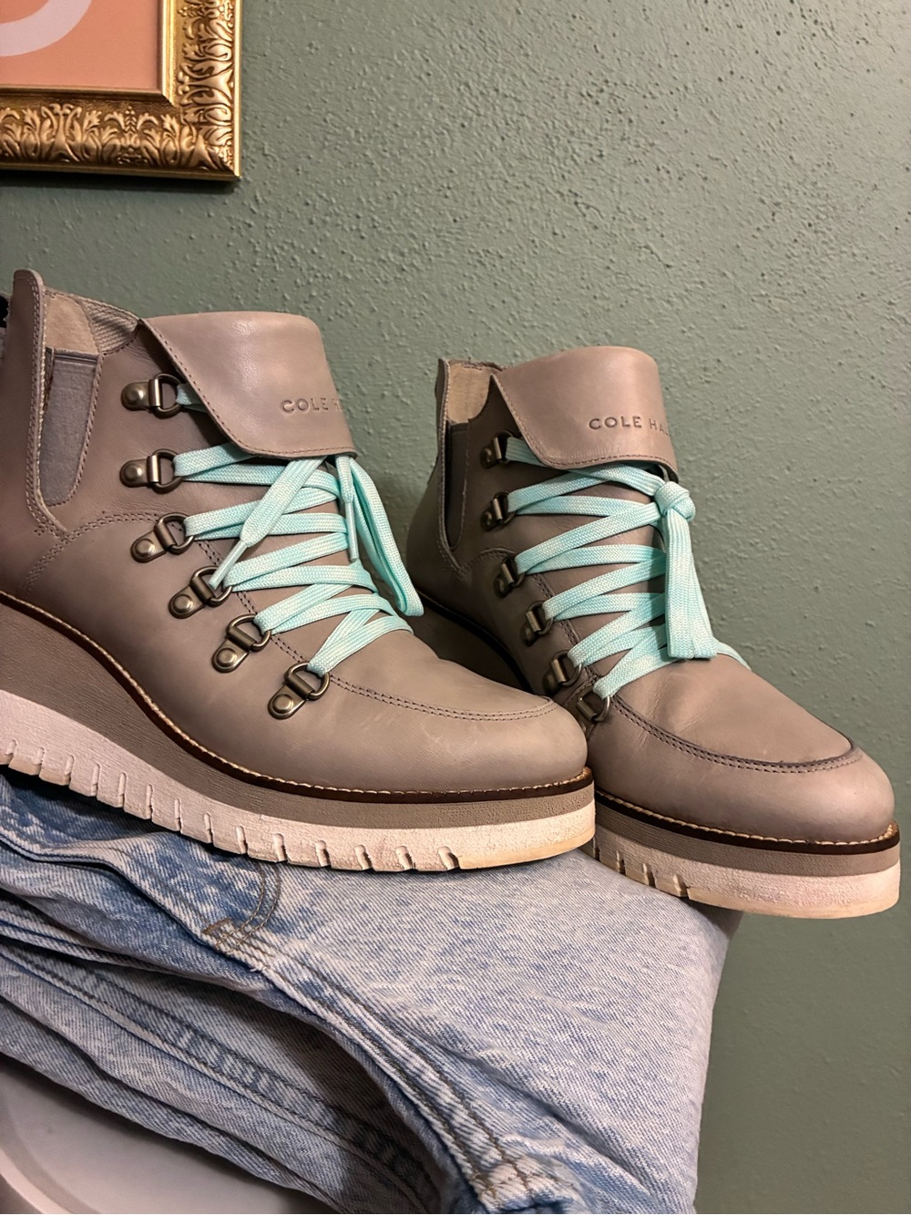 Cole Haan Gray Lace-Up Wedge Ankle Boots with Mint Laces